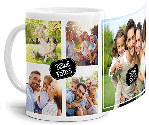 Foto-Tasse zum selbst gestalten mit Foto-Collage für 5 Wunschfotos - Geschenk für Familie, Freunde, Geburtstag, Weihnachten - Keramik Weiß, 300 ml I Personalisiert