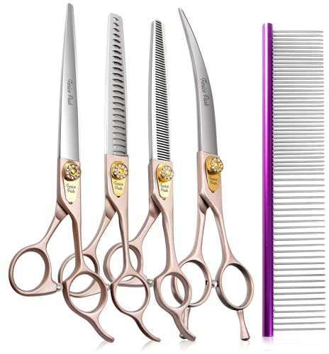 Fenice Peak 17,8 cm Professionelles Hundepflegescheren-Set, rotgoldfarben, 440C-Edelstahl, gerade, gebogene Chunker-Schere, 4-teiliges Set für Haustierpflege, Hunde und Katzen