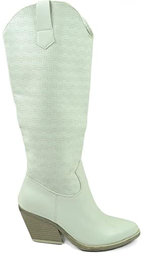 Stivali Donna camperos Texani microforato Bianco Pelle Tacco Western 7 Comodo Gomma Altezza Ginocchio Estivo (37 EU)