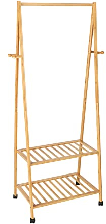 WENKO Porte-manteau Honolulu décoratif sur pied en bambou avec tringle à vêtements, surfaces rangement et crochets, sur 4 roulettes noires, 2 freins d'arrêt, 76,5x165x43,5cm 69990800 Marron