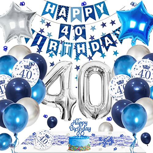 40 Geburtstag Deko für Männer und Frauen - Blau Silber Geburtstagsdeko mit Retro Spitze Tischdecke - Party Dekoration