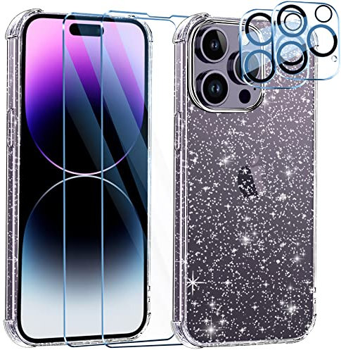 FLLAO Clear Glitter Case Compatible with iPhone 14 Pro Max Case with 2 Pack Tempered Glass Screen Protector and 2 Camera Lens Protector, Crystal Transparent Soft Bumper Silicone Cover