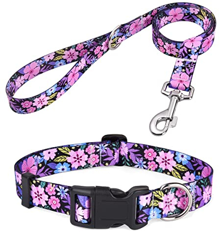 Mihqy Dog Collar and Leash Set, for Small Dogs, Pink Floral Set,S | with Floral Patterns, Adjustable for Small Medium Large Dogs, Comfortable for Walks and Outdoor Hikes