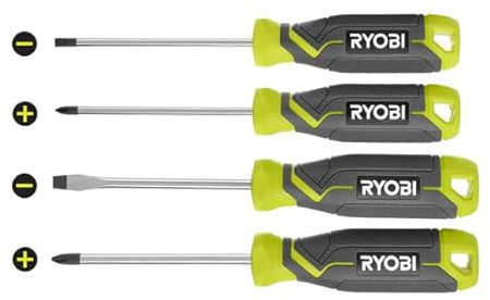 RYOBI Lot de 4 tournevis - Tête plate et cruciforme - Pointe magnétique - Amélioration de la maison et électronique