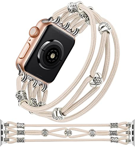 TOYOUTHS Beaded Bracelet Compatible with Apple Watch Strap 38mm 40mm 41mm 42mm Women, Premium Braided Nylon Stretchy Boho Solo Loop Strap for iWatch Series 11 10 9 8 7 6 5 4 SE 3 2 1, Starlight/S