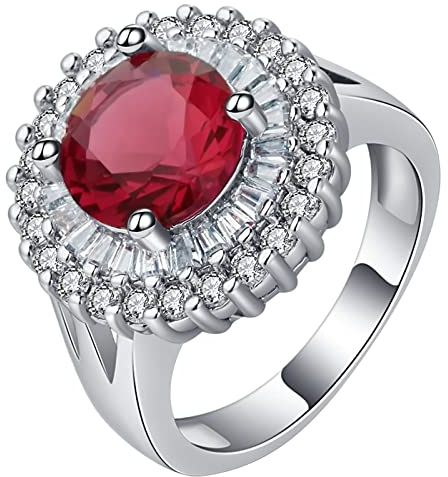 Homxi Ringe fur Damen Silber,4 Zinken mit Rund Zirkonia Silber Rot Ringe Frauen Kupfer Trauringe für Damen Größe 54 (17.2)