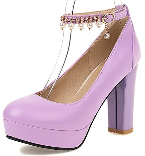 Bviennic Donna Punta Rotonda Stylish Sposa Tacco Chunky Pump con Cinturino alla Caviglia Eleganti Bride Vestito Closed Toe Plateau Scarpe Festa Viola Numero 38 Eu-39Cn