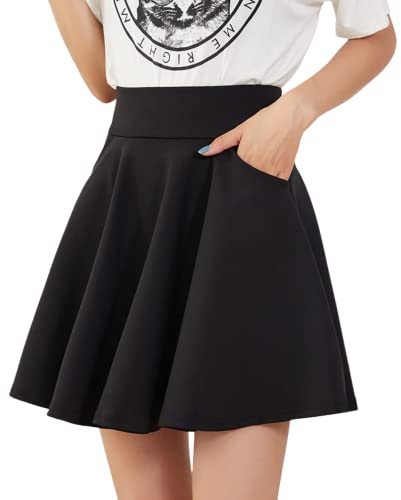 Petalum Damen Basic Solide Vielseitige Dehnbar Mini Rock high Waist Informell Faltenrock Hosenrock Sommerrock Skirt mit Taschen Schwarz 38
