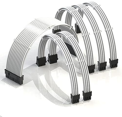 LINKUP - AVA 50cm PSU Kabelverlängerung Ummantelt GPU Nach Maß PC Stromversorgung mit Kamm-Kit - Kompatibel mit RTX3090 | 1x 24 P (20+4) | 2x 8 P (4+4) CPU | 3x 8 P (6+2) GPU set | 500mm - Weiß -