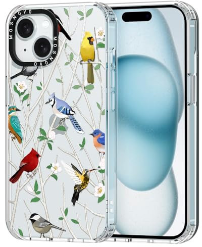 MOSNOVO Case for iPhone 15 Plus, [Buffertech 6.6ft Military-Grade Drop Protection] [Anti Peel Off Tech] Clear TPU Bumper Phone Case Cover Design - Wild Bird