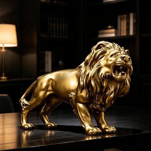 25,4 cm Löwe Statue Figur Skulptur Harz Sammlerstück Geschenke für Löwenliebhaber Büro Wohnkultur Schreibtisch Zubehör Dekoration Garten Figuren Outdoor Decor Gold