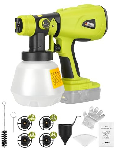 Pulverizador de pintura para Ryobi 18 V One+ batería, 200 W, pistola de pintura inalámbrica HVLP con motor sin escobillas, 4 boquillas de cobre para bricolaje, valla, sillas, pintura (solo