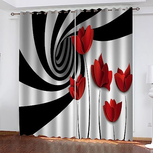 Blickdicht Vorhang Mit Ösen Schwarz-Weiß Gestreifte Rose Gardine Vorhänge Ösenvorhang Ösenschal Thermovorhänge Fensterschal Für Schlafzimmer Wohnzimmer Babyroom Haus Dekoration 300 X 280 cm -1L5Z/C3S