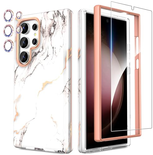 SHEDEER für Samsung S24 Ultra Hülle mit Glitzer Kameraschutz + Displayschutz, Samsung Galaxy S24 Ultra Hülle Schick Anti-Vergilbung Muster, Stoßfest Kratzfest Handyhülle für S24 Ultra 6,8'', Marmor