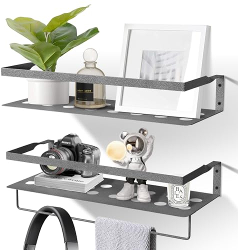 Uten Juego de 2 Baldas Pared, 40 cm Largo Estantes de Pared Clásicos Modernos con Toallero, Ahorre Espacio, Apto para Salón, Dormitorio, Cocina, Baño, Hierro, Gris