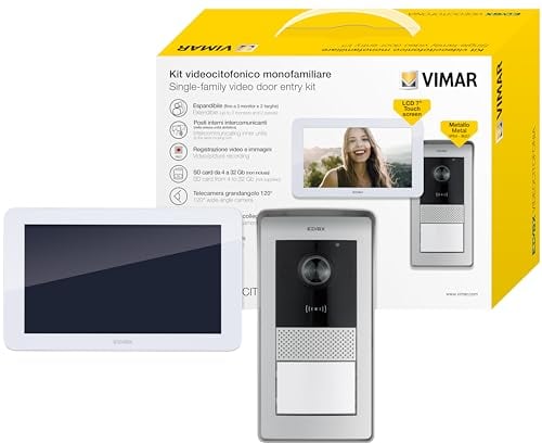 VIMAR K42935 Kit videocitofono monofamilare da parete touch screen vivavoce a colori LCD 7, alimentatore barra DIN, targa audiovideo RFID