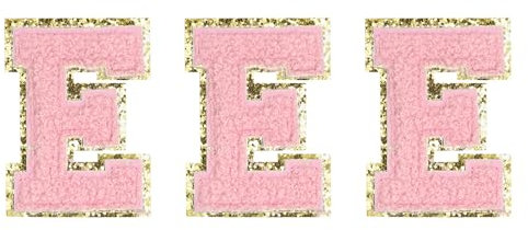 sourcing map Chenille Letters E Patches Large Size 82mm/3.23 Inch Iron-on Letters E Patches Golden Glitter Embroidered Patches for Clothing, Shoes, Hats, Backpacks Pack of 3(Pink)