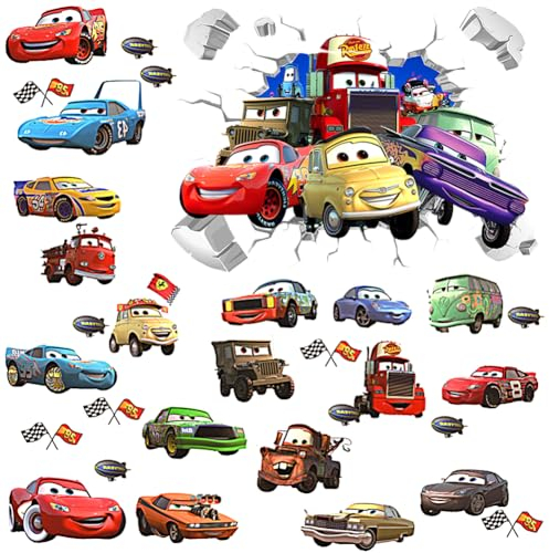 2pcs Cars Wandaufkleber,3D Karikatur Cars Wandtattoo, Lightning Wasserfest Wandaufkleber, Abnehmbare Aufkleber Wall Stickers, für Babyzimmer Wohnzimmer Schlafzimmer Kinderzimmer Hause Wanddekoration,B