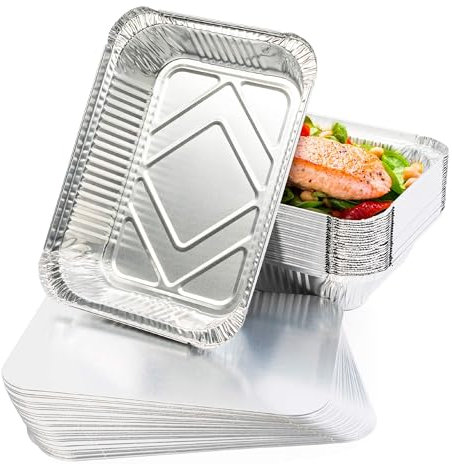 MATANA 50 Aluminium Foil Trays with Lids – 22×17 cm (1200 ml) | Heavy-Duty Roasting & Baking Pans – Sturdy, Disposable or Reusable Food Containers, Oven & Freezer Safe