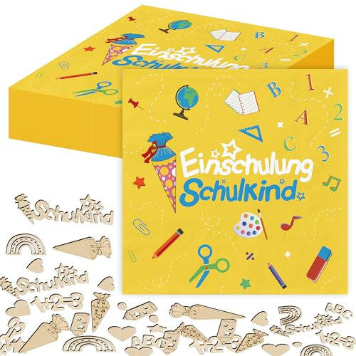 Tischdeko Einschulung Servietten Schulanfang Deko Mädchen Jungen 40stück Einschulung Servietten 60stück Zuckertüten Holz Schulanfang Konfetti Glitzernd Set für Schuleinführung Schulkind Party Deko