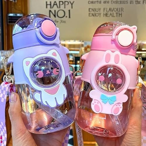 IDIDG Kawaii Water Bottles with Silicone Straw and Adjustable Strap 24oz Kawaii Water Bottles with Detachable Cartoon Animal Leakproof Cute Water Bottles for Girls School Camping(Purple)