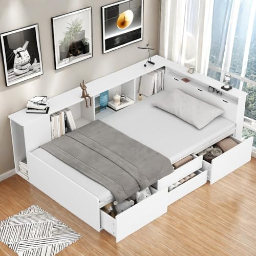 Sapgaks Kinderbett 90x200 mit Schubladen und Bücherregal und Stauschrank,Einzelbett 90x200 mit Stauraum,Multifunktionales,rausfallschutz Kinderbett,Bettkasten,ohne Matratze,weiß