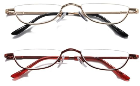 Hubeye 2 Pack Halbmond Lesebrille aus Metall für Damen und Herren Halbrahmen Lesehilfe Ultraleichte Federscharnier Schmal Sehhilfe 2.00
