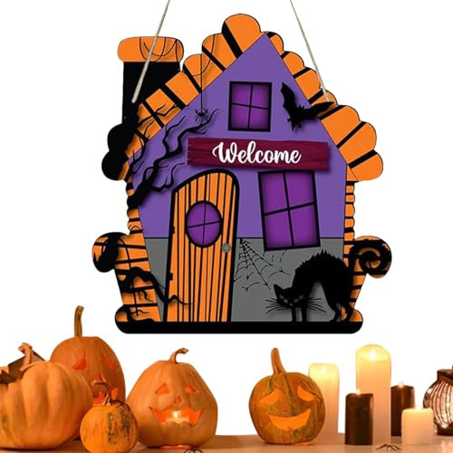 Cartello di benvenuto di Halloween per porta di Halloween – Decorazione per porta in legno – cartello artistico per gatti – Targhetta per la casa