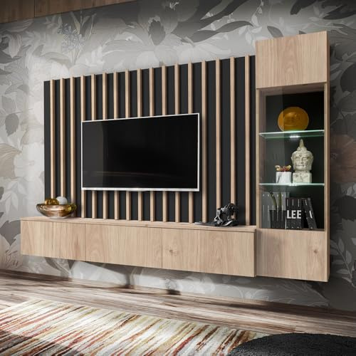 Lomadox Wohnwand Anbauwand Schrankwand 220cm, Kastanienholzoptik mit schwarz, Vitrine, Wandpaneel mit Lamellen, Lowboard, LED Beleuchtung