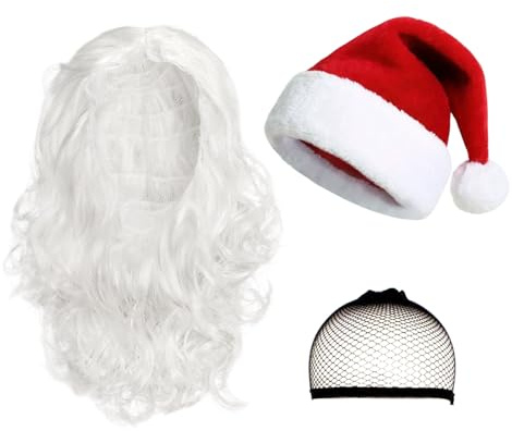 TUONYIS 3-teiliges Weihnachtsmann-Kostüm-Set, Nikolausmütze, Perücke und Perückennetz, klassisches Weihnachtsmann-Outfit für Erwachsene, Urlaubskostüm, Neujahr, festliche Party, Weihnachtsmütze,