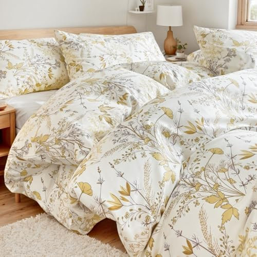 Nayoroom Bettwäsche Baumwolle 135x200 4teilig Blumen Weiß mit Gold Blätter Bettbezug Set Gelb Aesthetic Modern Golden Pflazenmuster Botanisch Wendebettwäsche Reißverschluss und 2 Kissenbezüge 80x80 cm