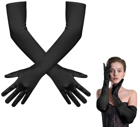 Aomig Handschuhe Damen Lange Braut Handschuhe Satin Abendhandschuhe Elastic Fingerhandschuhe Ellenbogenhandschuhe 1920s Tanzhandschuhe für Classic Oper, Maskerade, Cosplay-Kostüme, Halloween (Schwarz)