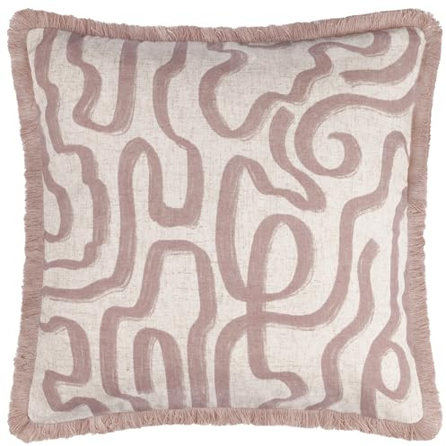 furn. Hoem Lina Abstract Printed Cushion with Polyester Pad – Reversible Fringed Trim Zip Closure (Soft Pink – 45 x 45 cm)