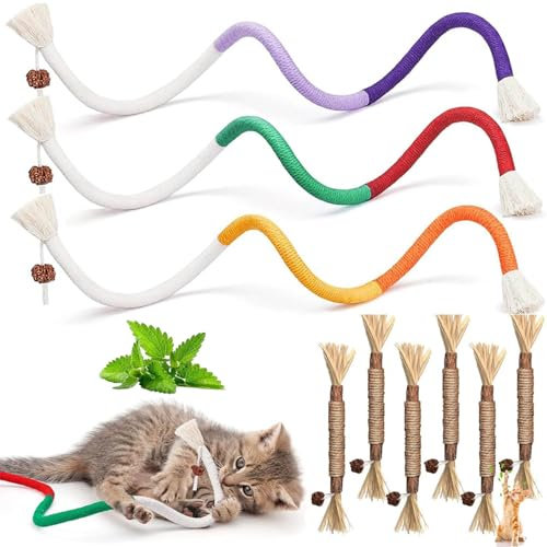 Ptyism 9 Pcs Kitten Teething Toy(3 Pcs Cat Rope Toy and 6 Pcs Cats Chew ) Kitten Chew Toys丨Catnip Toys for Cats for Indoor Cat Teeth Cleaning Teething and Stress Release