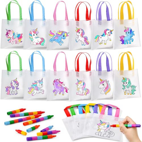 Toyssa Unicorn Colour Your Own Party Bag, DIY Graffiti Gift Tote Bags - Non-Woven with Bag Stacking Crayons(7 Colours in 1), Paint Your Own Bag Party Bags for Kids Party