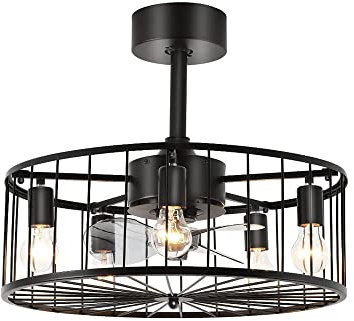 living room chandelier Lámpara de araña, lámpara de techo de 20.0 in con ventiladores, lámpara de techo industrial sin aspas con jaula negra con control remoto, lámpara pequeña para ventilador de