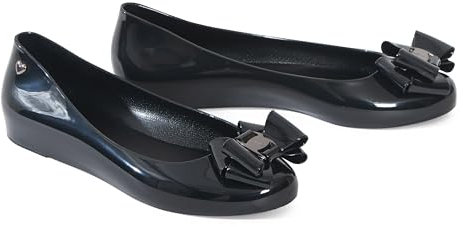 kraftd Womens Jelly Ballet Shoes Bow Details Slip-On Flats Peep Toe Ballerina Pumps | Ladies Footwear | Office Pump | Shoe (Black Patent, 5)