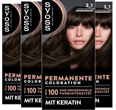 SYOSS Coloración 3_1 marrón oscuro (4 x 115 ml), coloración permanente con queratina que proporciona hasta 100 días de intensidad de color profesional, cobertura de canas 100%