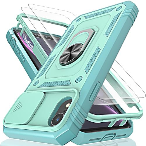 for iphone XR Case with Camera Cover Slider, 2*Screen Protectors,Build in 360°Rotating Ring Kickstand, Military Grade Protective Case for iphone XR-Green