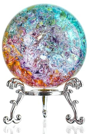 ZEERSHEE Colorful Ice Cracked Crystal Ball with Stand, 2.3 Glass Decor