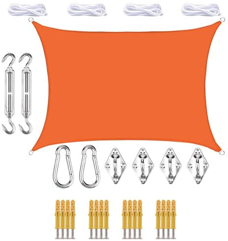 Wasserdichte rechteckige Schattenplanen in 17 Farben Sonnensegel Markise mit 4 Seilen und Befestigungssets für Außenterrasse (Orange, 2 x 4 m)