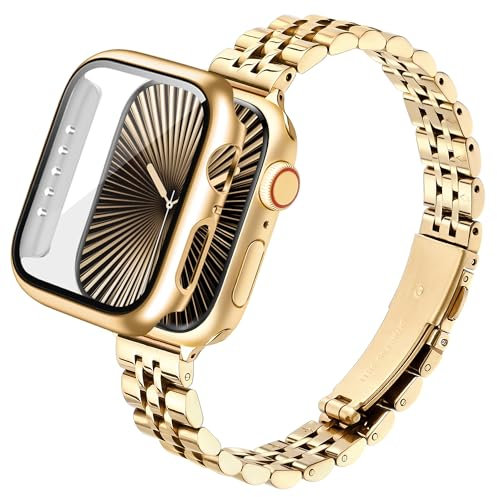 wipalor Metall Armband Kompatibel mit Apple Watch Armband Damen mit Gehäuse 44mm Serie 6 5 4 SE, Edelstahl Band für Apple Watch Einstellbar Metall Ersatz für iWatch Band mit Gehäuse-Gold