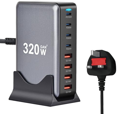 USB C Charger Hub 320W, 8-Port GAN III USB C Charging Station with 4 USBC and 4 USB A Port Multi Charger,Support PD100W, 65W, 20W, 18W Compatible with MacBook Pro/Air,iPhone 16/15/14 Pro,Samsung