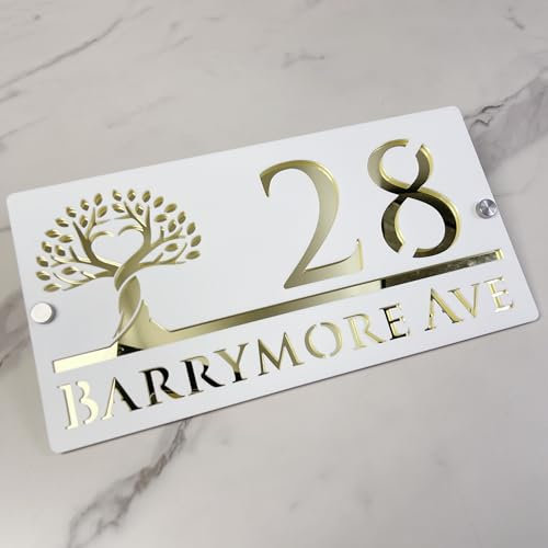 Personalised House Sign – Modern Font Custom Acrylic Address Plaque – Laser Cut Door Number Sign – Weatherproof Outdoor Name Plate for Home, Gate or Wall (Matte white & gold mirror)