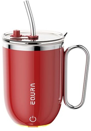 JOTER & LIBEAR Self Stirring Coffee Mug with Straw & LED for Temp Indicating, Auto Magnetic Mixing Cup with Lid (Red)