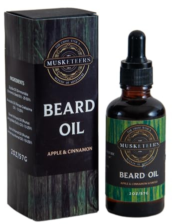 Musketeers Hautpflege-Bartöl – pflegende und pflegende Formel angereichert mit Argan-Jojoba und Avocado – natürliche Herrenpflege – Apfel- und Zimt-Duft – 50 ml