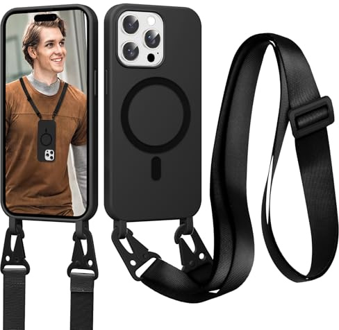 Yxnvixn Crossbody Lanyard Case for iPhone 14 Pro, Compatible with MagSafe, Liquid Silicone TPU Soft Shell Shockproof Magnetic Protective Phone Cover with Adjustable Strap Neck Cord Necklace, Black