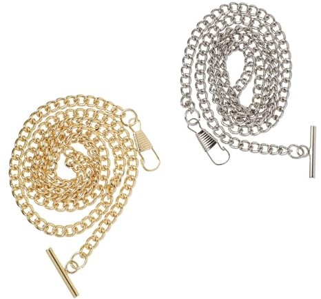 Garneck 2 Stück Taschenuhrkette mit T-Steg und Karabiner Vintage aus Eisen | Gold und Silber, Robuste Kette für Hemd und Weste, Passend zu Hochzeit und Freizeit