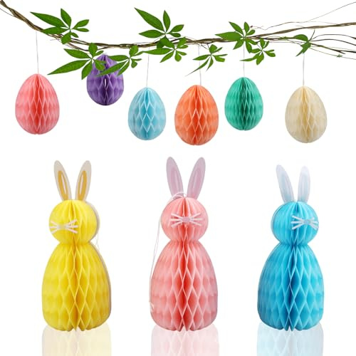 XIANJIA 15 Pièces Easter Hanging Paper Egg Decorations