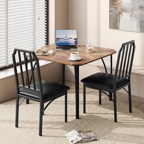 Niwugady Essgruppe 3-teilig, Esszimmergruppe für 2 Personen Küchentischset Metallgestell mit 2 Polster Stühle Küchentisch Sitzgruppe Landhausstil für Esszimmer, Küche, Wohnzimmer, Vintagebraun